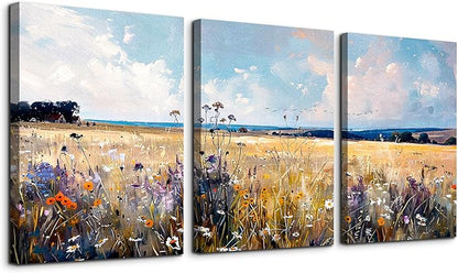 TTHYUEWS Large Wall Art for Living Room Canvas Decor for Bedroom Office - Modern Home Field Scenery Paintings Abstract Pictures Framed Prints Posters Artworks 3 Piece