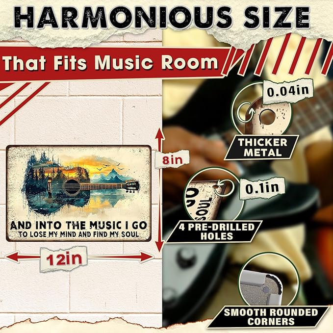 Guitar Metal Sign Vintage Wall Art And Into the Music Tin Sign for Man Cave Bar Garage Music Room Decor 8x12 Inch