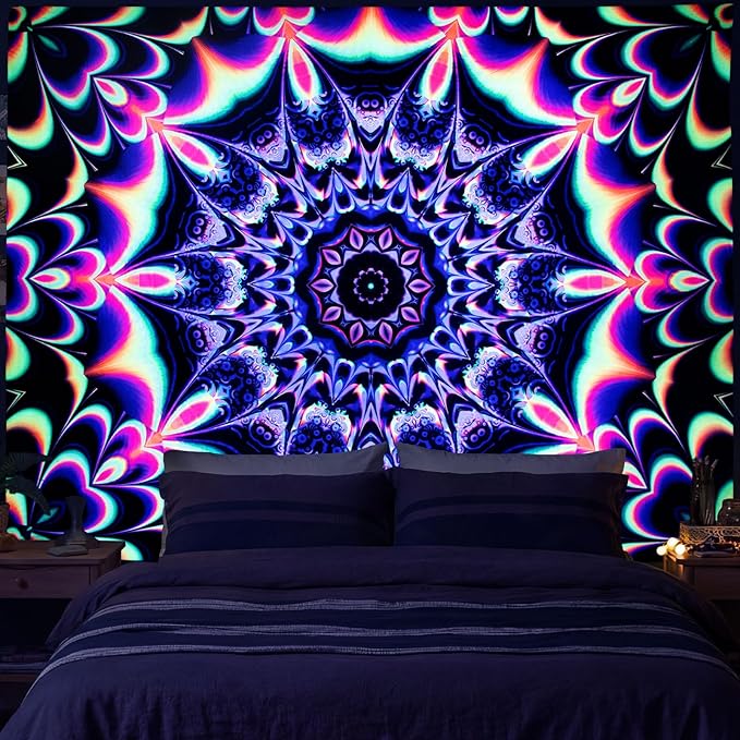 PRRPRR Blacklight Trippy Mandala Tapestry - UV Reactive Glow in the Dark Wall Hanging, Neon Psychedelic Boho Posters for Bedroom, Aesthetic Dorm Room Decor, Party Backdrop (90 x 70 Inches)