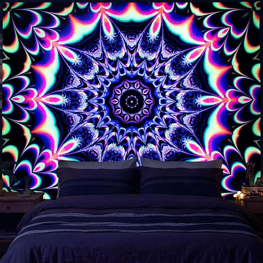 PRRPRR Blacklight Trippy Mandala Tapestry - UV Reactive Glow in the Dark Wall Hanging, Neon Psychedelic Boho Posters for Bedroom, Aesthetic Dorm Room Decor, Party Backdrop (90 x 70 Inches)