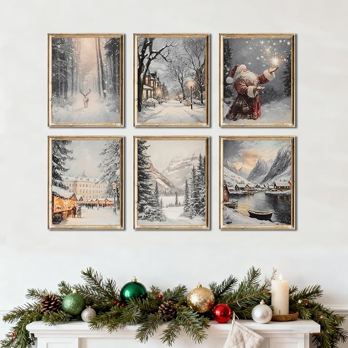 Vintage Christmas Wall Art Prints – Winter Holiday Posters with Santa, Snowy Village, Reindeer & Forest Scene, Rustic Christmas Decorations for Living Room, Bedroom & Fireplace – 8×10 Unframed