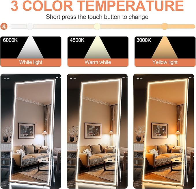 Full Length Mirror with Lights, 67" x 24" LED Lighted Floor Standing Body Mirror, Dimmable & 3 Color Lighting for Bedroom, Cloakroom, Dressing Room, Tempered Glass, White Frame