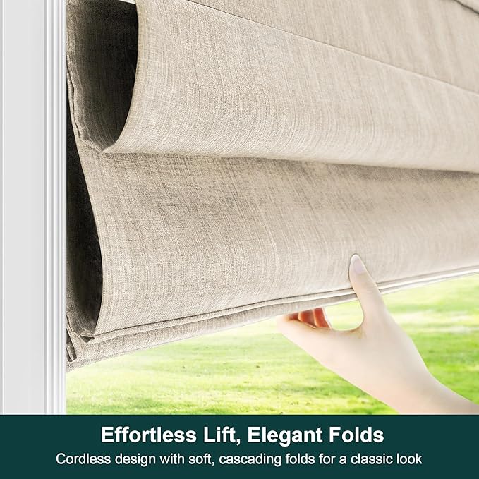 CHICOLOGY Cordless Roman Shade, Light Filtering Privacy Liner, Textured Belgian Flax Fabric, True-to-Size 33" W x 64" H, Inside/Outside/Ceiling Mount Window Treatment for Living Room Bedroom