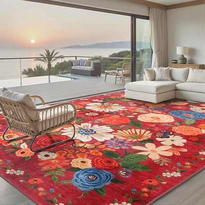 Area Rugs 10x14 for Living Room, Non Slip Machine Washable Floral Rugs, Low Pile Lightweight Large Rug for Bedroom, Dining Room, Home Office, Red Garden