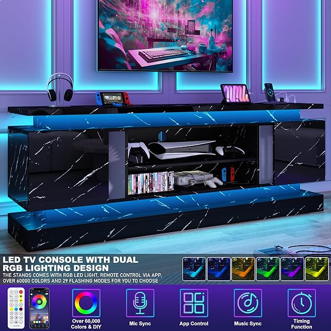 chartustriable 71IN LED TV Stands w/Power Outlet for 85/80/75 Inch TVs,High Gloss Modern Tall Entertainment Center TV Media Console Gaming w/2 Storage Cabinets,Dual LED Lights,Black Marble