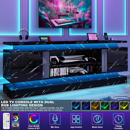 chartustriable 71IN LED TV Stands w/Power Outlet for 85/80/75 Inch TVs,High Gloss Modern Tall Entertainment Center TV Media Console Gaming w/2 Storage Cabinets,Dual LED Lights,Black Marble