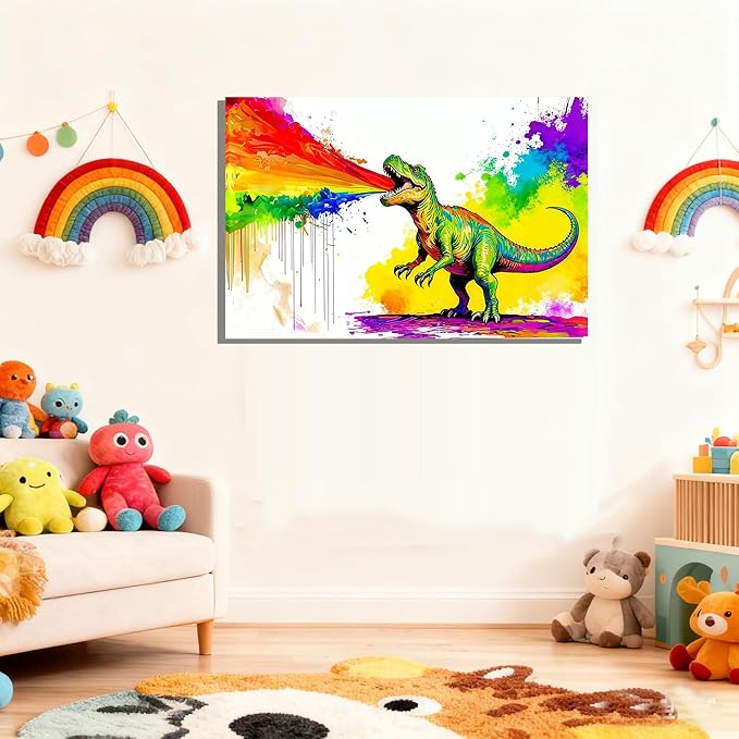 16x24 Graffiti Wall Art Colorful T-Rex Spitting Rainbow Fire Framed Canvas Dianosaur Prints Decor Pop Cartoon Picture Kids Nursey Bathroom Pictures Teen Boys Bedroom Child Funny Animals Posters