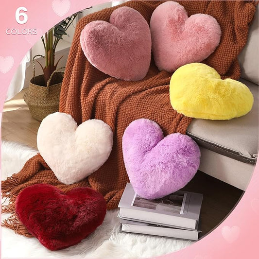 Liliful 6 Pcs Faux Rabbit Fur Heart Pillows Fluffy Heart Throw Pillows Cute Couch Cushion Soft Decorative Throw Cushion for Bed Sofa Girls Women(12 x 11 Inch,Bright Color)