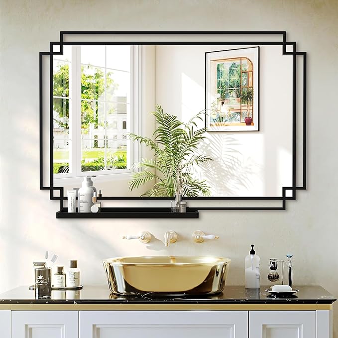 Black Bathroom Mirror with Shelf, 36" x 24" Mirror Wall Decor with Modern Art Rectangular Metal Frame for Living Room, Bedroom, Dining Room, Entryway