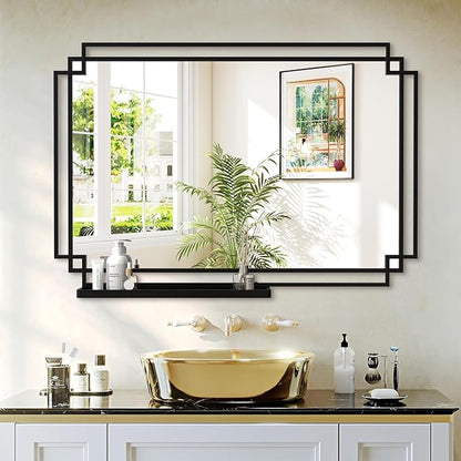 Black Bathroom Mirror with Shelf, 36" x 24" Mirror Wall Decor with Modern Art Rectangular Metal Frame for Living Room, Bedroom, Dining Room, Entryway