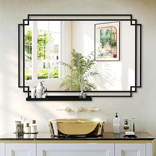 Black Bathroom Mirror with Shelf, 36" x 24" Mirror Wall Decor with Modern Art Rectangular Metal Frame for Living Room, Bedroom, Dining Room, Entryway
