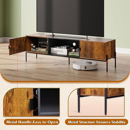 WLIVE TV Stand for 65 Inch TV, Mid Century Modern Entainment Center with 2 Storage Cabinets & Open Shelf, TV Console Table Media with Metal Legs for Living Room, Bedroom, Rustic Brown