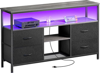 Huuger 47 Inch TV Stand Dresser with Power Outlets and LED Lights, 4 Drawers Entertainment Center with Open Shelf, Media Console for 55 50 Inch TV, Dresser with PU Finish, Grey and Black