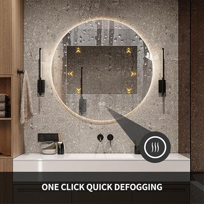 Round LED Bathroom Mirror with Light, Backlit Mirror for Bathroom, Frameless LED Smart Vanity Mirror with 3 Color Lights, Anti-Fog, Smart Touch Button, Shatter-Proof, IP65, 90+ CRI (32" L x 32" W)