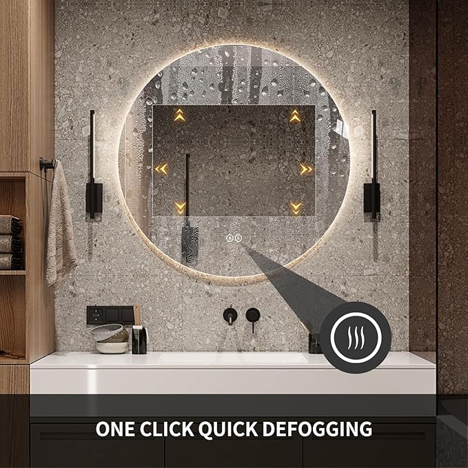 Round LED Bathroom Mirror with Light, Backlit Mirror for Bathroom, Frameless LED Smart Vanity Mirror with 3 Color Lights, Anti-Fog, Smart Touch Button, Shatter-Proof, IP65, 90+ CRI (24" L x 24" W)