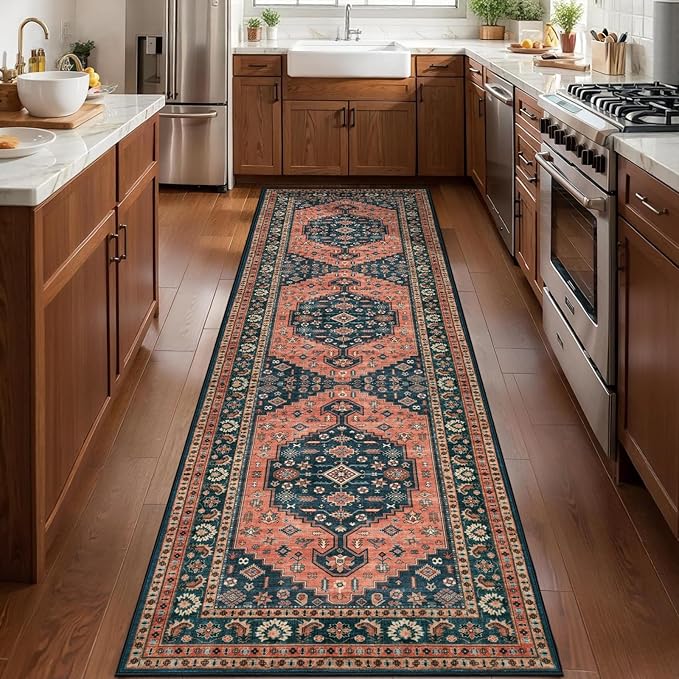 Tangsoo 2.6x10 Runner Rug for Hallways,Washable Non Slip Vintage Kitchen Runner Rug,Boho Red Blue Soft Print Distressed Low Pile Long Floor Carpet for Bedroom Bathroom Laundry Room