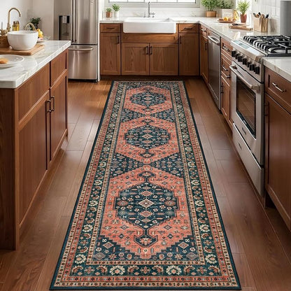 Tangsoo 2.6x10 Runner Rug for Hallways,Washable Non Slip Vintage Kitchen Runner Rug,Boho Red Blue Soft Print Distressed Low Pile Long Floor Carpet for Bedroom Bathroom Laundry Room