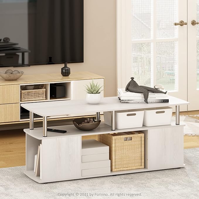 Furinno JAYA TV Stand, 3-Tier Entertainment Center with Open Shelf, TV Console for TV up to 50 Inch with Side Open Storage Compartments, for Living Room, Bedroom, White Oak/Stainless Steel Tubes