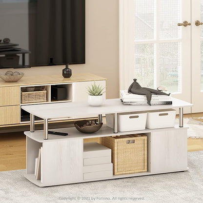 Furinno JAYA TV Stand, 3-Tier Entertainment Center with Open Shelf, TV Console for TV up to 50 Inch with Side Open Storage Compartments, for Living Room, Bedroom, White Oak/Stainless Steel Tubes