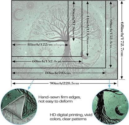 Leeisysme Tree of Life Sun Moon Tapestry, Aesthetic Line Art Wall Hanging for Living Room Bedroom Home Decor, Green 36x48 inches