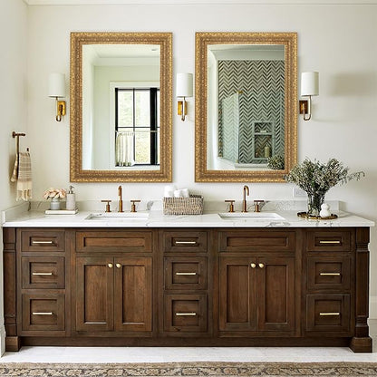 Chende Vintage Gold Mirror for Decor, Large Bathroom Wall Mirror with Symmetrical Leaf Shape, 37" L x 25" W Traditional Wood Mirror for Master Bath Half Bath Kitchen Bedside Table