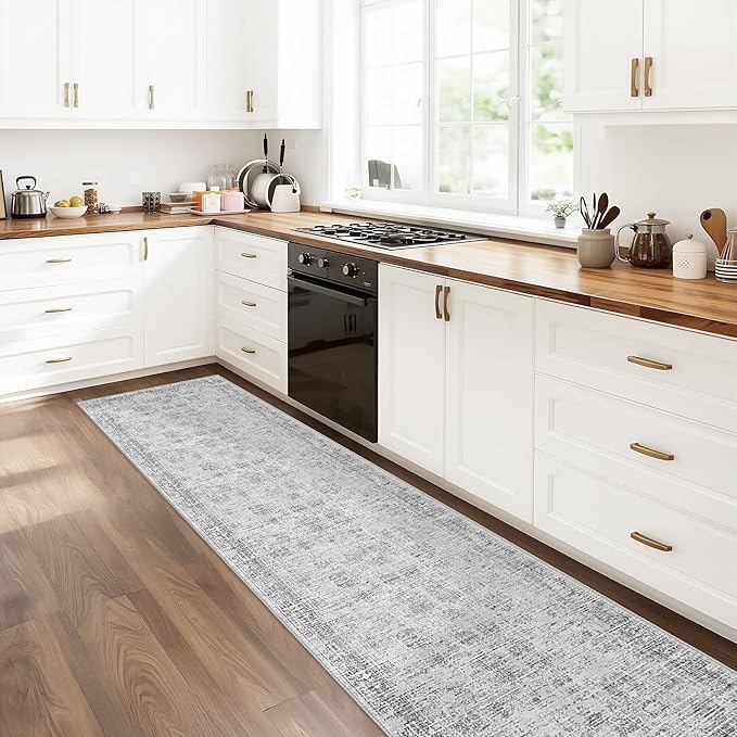Grey Runner Rugs for Hallway: Abstract Washable Runner Rug 2x8 for Entryway Kitchen Bedroom Bathroom - Modern Cozy Home Decor Long Carpet Mat Stain-Resistant - Light Grey