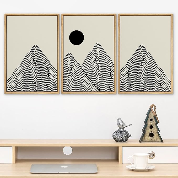 SIGNLEADER Framed Canvas Print Wall Art Set Geometric Mountain Range Sun Landscape Nature Wilderness Illustrations Modern Art Minimalism Decorative for Living Room, Bedroom, Office - 16"x24"x3 NATURAL