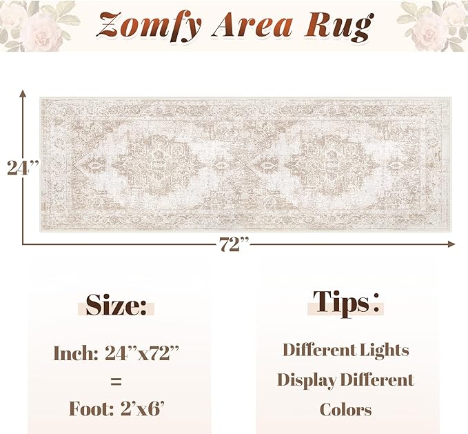 Area Rug 2x6 Runner Rug: Washable Vintage Hallway Rugs Indoor Medallion Rug Low Pile Distressed Floor Carpet Retro Accent Rugs for Kitchen Bedroom Bathroom Dining Room(Beige, 2'x6')