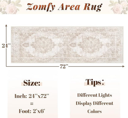 Area Rug 2x6 Runner Rug: Washable Vintage Hallway Rugs Indoor Medallion Rug Low Pile Distressed Floor Carpet Retro Accent Rugs for Kitchen Bedroom Bathroom Dining Room(Beige, 2'x6')