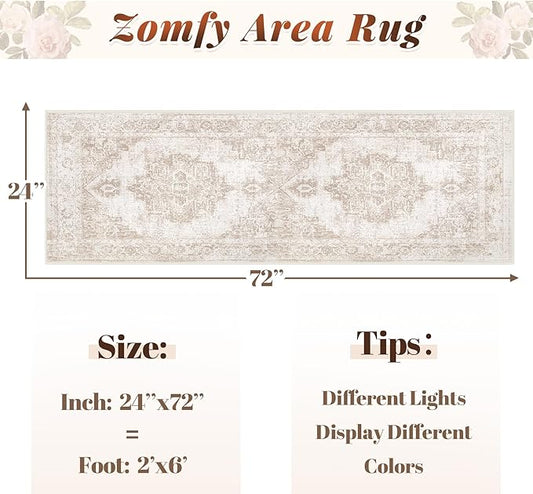 Area Rug 2x6 Runner Rug: Washable Vintage Hallway Rugs Indoor Medallion Rug Low Pile Distressed Floor Carpet Retro Accent Rugs for Kitchen Bedroom Bathroom Dining Room(Beige, 2'x6')