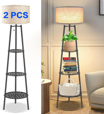ZQQLITE 2 PCS Black Floor Lamp with Shelves for Living Room， Standing Lamp，Tall Lamp， Amparas Elegantes para Sala with Linen Shade，Modern Floor Lamp for Living Room，Bedroom or Office（Black ）