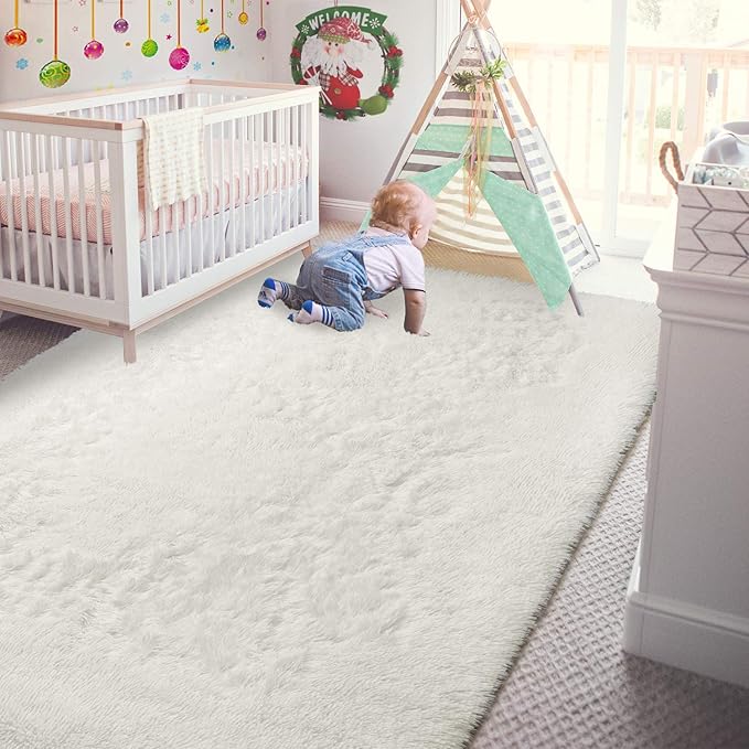 Andecor Soft Fluffy Bedroom Rugs, 5 x 8 Feet Indoor Shaggy Plush Area Rug for Boys Girls Kids Baby College Dorm Living Room Home Decor Floor Carpet, Cream White