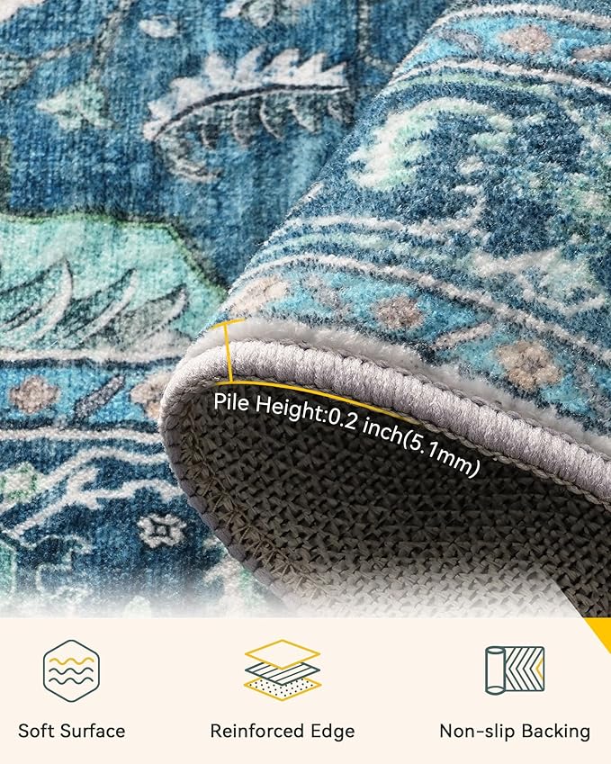 RELEANY Area Rugs 8'x10' Washable Non-Slip, Floral Vintage Distress Print Pattern Medallion Carpet for Living Room Bedroom Dining Room, Teal Green Lake Blue Turquoise