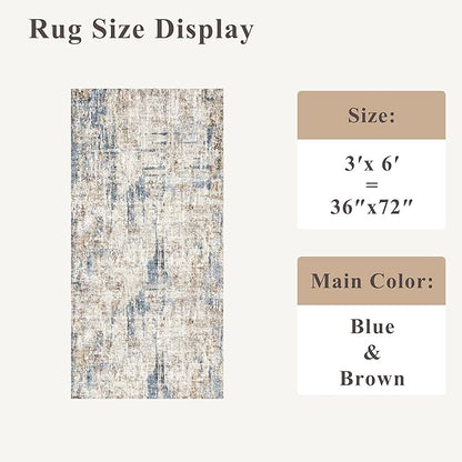 3x6 Washable Non-Slip Kitchen Runner Rug – Modern Abstract Wide Floor Carpet Runner with Rubber Backing for Entryway, Hallway, Bathroom, Living Room, Low Pile Thin (Blue Brown)