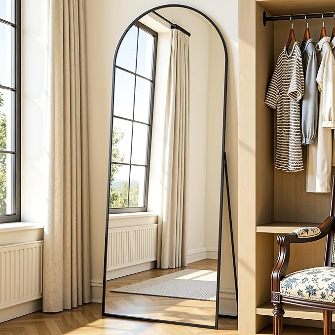 Arched Full Length Mirror 58 x 18 Inch, Full Body Mirror with Stand, Standing Hanging or Leaning Against Wall, Metal Frame Floor Mirror for Bedroom, Living Room, Cloakroom,Black
