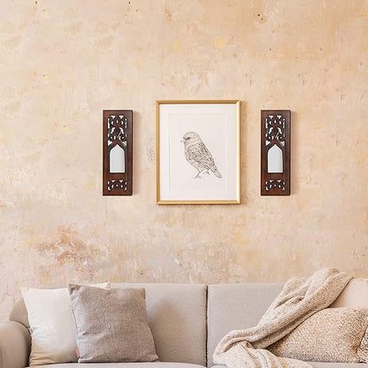 The Wooden Town Wall Hanging Plaques Wall Décor Jharokha With Mirror, Elegant Sculpture Wall Décor Panel to Enhance the Décor of Your Room or Office - 12x4 Inch - Burnt Set of 2
