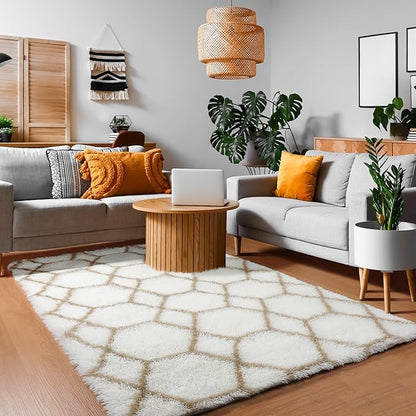 ONASAR Area Rugs for Bedroom Living Room, Fluffy 4x6 White and Beige Throw Rug, Geometric Boho Shaggy Soft Plush Indoor Floor Carpet for Nursery Kids Girls Boys Teen Dorm Home Decor Aesthetic