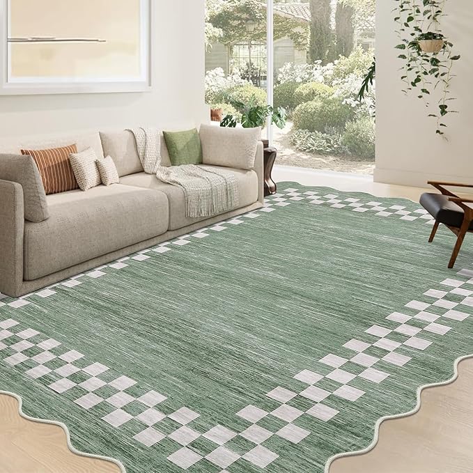GarveeHome 4x6 Area Rug Small Washable Living Room Rug Scalloped Rug with Rubber Backing Stain Resistant Low Pile Dining Room Throw Carpet Modern Bordered Mat for Bedroom Kitchen, Green
