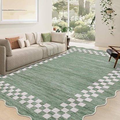 GarveeHome 4x6 Area Rug Small Washable Living Room Rug Scalloped Rug with Rubber Backing Stain Resistant Low Pile Dining Room Throw Carpet Modern Bordered Mat for Bedroom Kitchen, Green