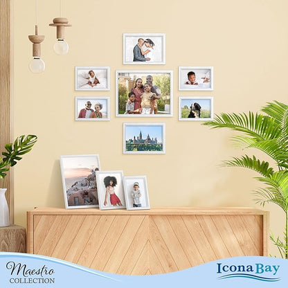 Icona Bay Combination White Picture Frames Set - 10 PC (Five 4x6, Three 5x7, Two 8x10), Classy Contemporary Style, Maestro Collection for Wall Gallery