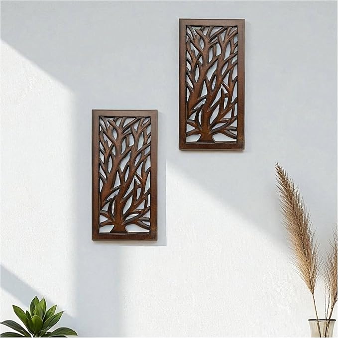 Wood Wall Art -Wall Panels in Handcrafted Carved Wood For Livingroom Bedroom,Dining room,Elegant Decorative Wall Art for Home & Office 8x16" Set of 2 Burnt Brown_Tree Leaf Designs