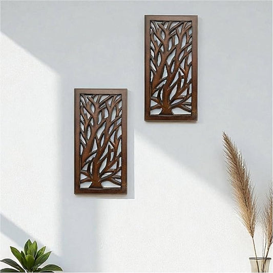 Wood Wall Art -Wall Panels in Handcrafted Carved Wood For Livingroom Bedroom,Dining room,Elegant Decorative Wall Art for Home & Office 8x16" Set of 2 Burnt Brown_Tree Leaf Designs