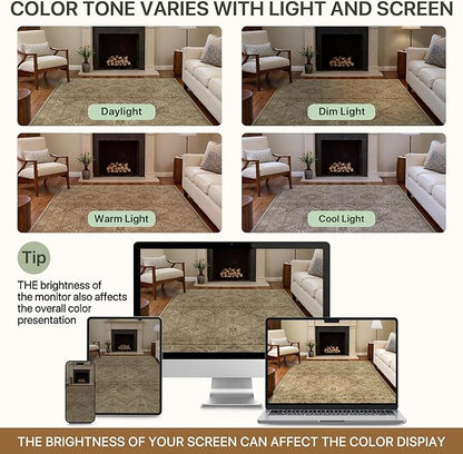 Bavni 8x10 Area Rug Washable Rug for Living Room Bedroom, Vintage Print Carpet, Low Pile Lightweight Mat with Non Slip Backing, Light Brown