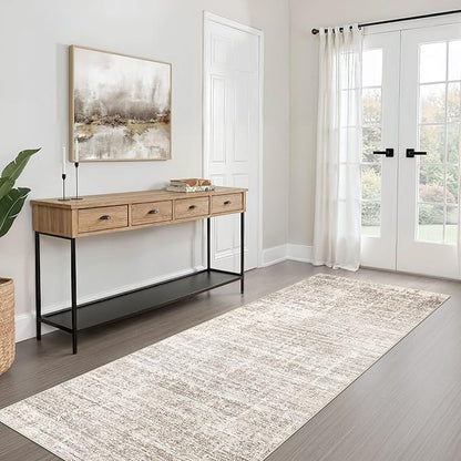 Runner Rug Non-Slip Kitchen Rug: 3x10 Washable Abstract Modern Soft Stain Resistant Indoor Floor Neutral Accent Throw Carpet for Hallway Bathroom Laundry Room Bedroom Entryway- Brown