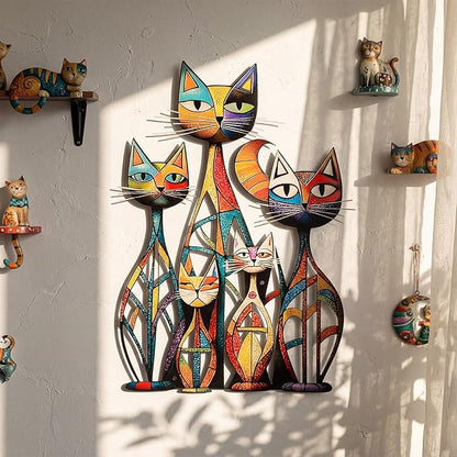 Wesiti Cat Wall Art Decor Iron Wall Sculptures Decor for Cats Lover 10.6 x 15.7 Inches Colorful Retro Mid Century Cat Signs for Home Living Room Bedroom Kitchen Office(Novel)