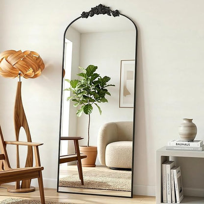 Antok Arched Full Length Mirror, 64"x21" Floor Mirror with Carved, Full Body Mirrors for HomeDecor, Standing/Halling Large Wall Mirror for Bedroom, Living Room, Cloakroom, Black, Vintage Style