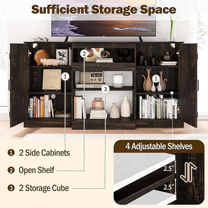 Tangkula 58”L Farmhouse LED TV Stand for TV up to 65 Inch, 32”H Tall Entertainment Center with 20 Color Led Lights, Media Console Table with Cubbies & Cabinets, Large Storage Cabinet for Living Room