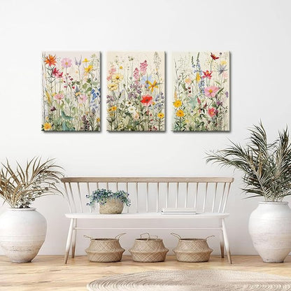 KISSFOX 3 Piece Watercolor Flower Framed Wall Art Decor Colorful Botanical Wildflower Pictures Paintings Wall Decor Modern Minimalist Floral Canvas Art Prints Artwork For Bedroom Living Room Bathroom
