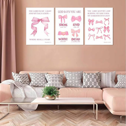 JBZDD Christian Pink Bow Wall Art Set of 3 Inspirational Bible Verses Quotes Decor Posters Pictures Prints for Girls Room College Apartment Bathroom Bedroom Living Room12x16in Framed
