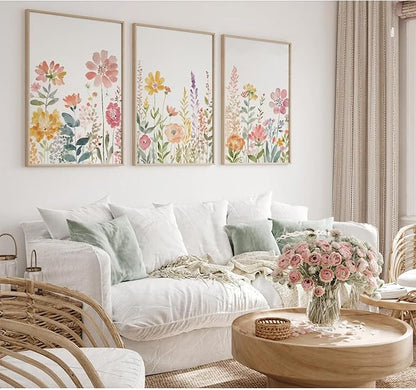 Watercolor Wildflower Wall Art Decor Colorful Flower Pictures Canvas Floral Botanical Wall Art Vintage Prints Poster Floral Painting Artwork for Living Room Bedroom 12x16 Inch Unframed Set of 3